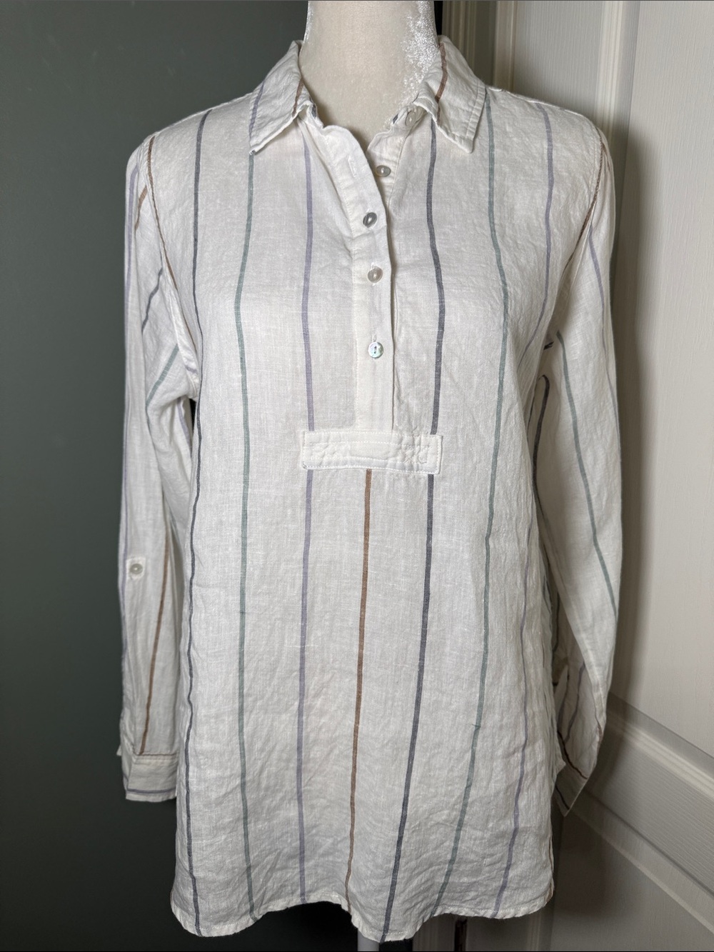 Artisan NY 100% Linen Striped Popover Tunic Roll-Tab Sleeve M